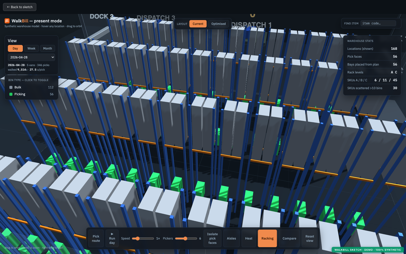 WalkBill 3D twin — racking, pick faces and dispatch with live warehouse stats